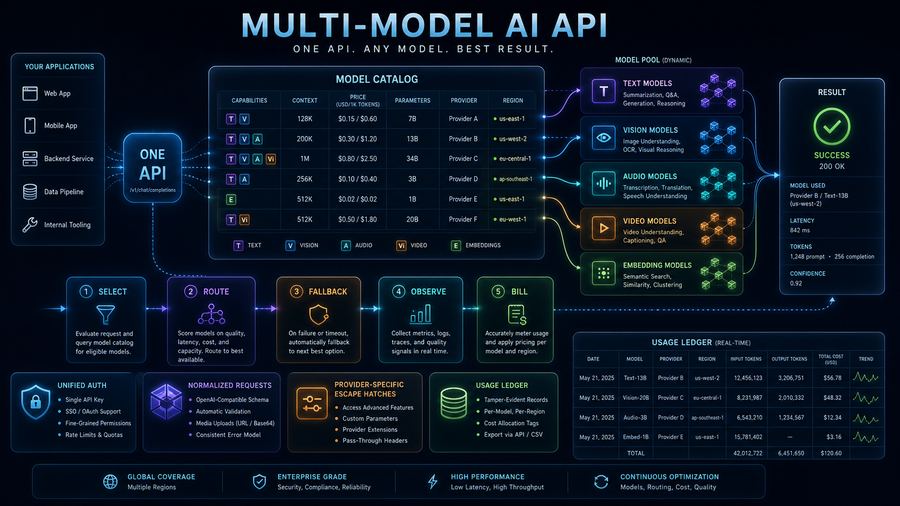 One multi-model AI API switchboard connecting a catalog to text vision audio video and embedding models