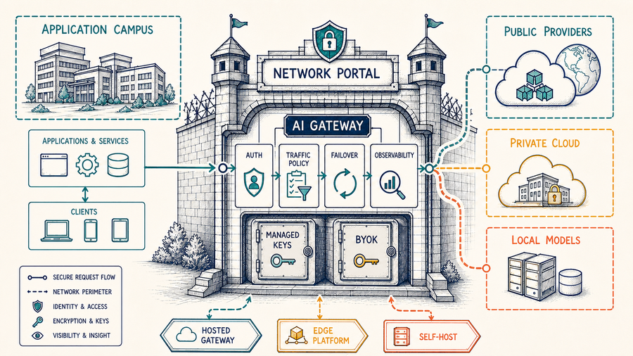 Network portal comparing hosted, edge, and self-hosted AI gateways across public providers, private cloud endpoints, and local models