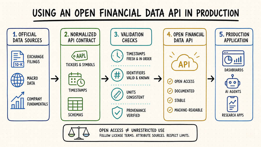 Hand-drawn open financial data API workflow covering sources, licensing checks, normalization, and applications