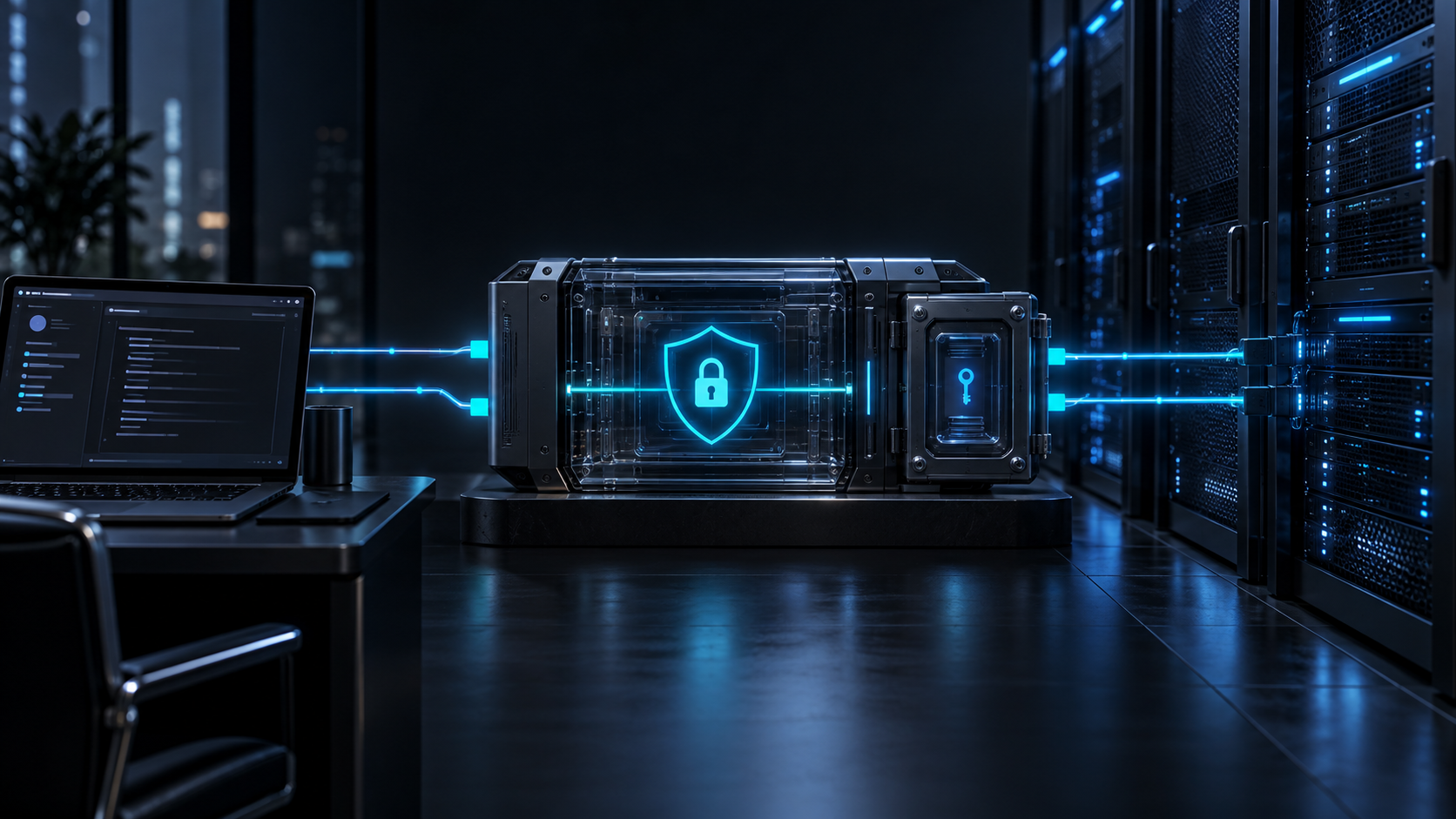 Dark blue visualization of a secured OpenAI API proxy connecting a client terminal to upstream servers, with a protected credential compartment.