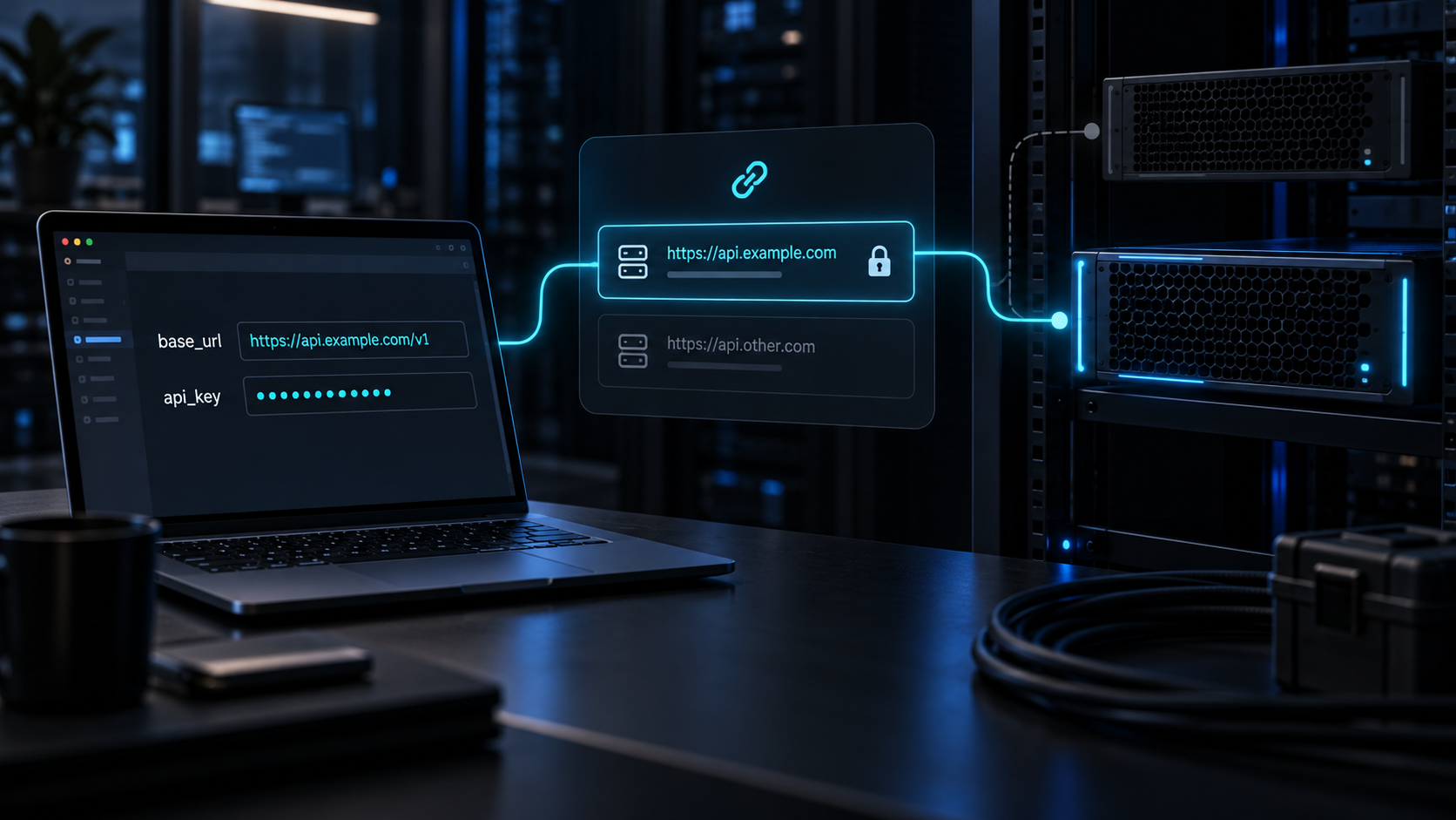 Dark blue visualization of OpenAI client base URL configuration, a selected trusted API endpoint, and masked credentials scoped to the destination host.