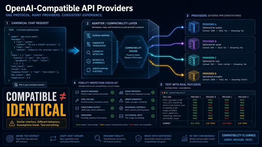 OpenAI-compatible API request crossing an adapter layer with a fidelity inspection checklist