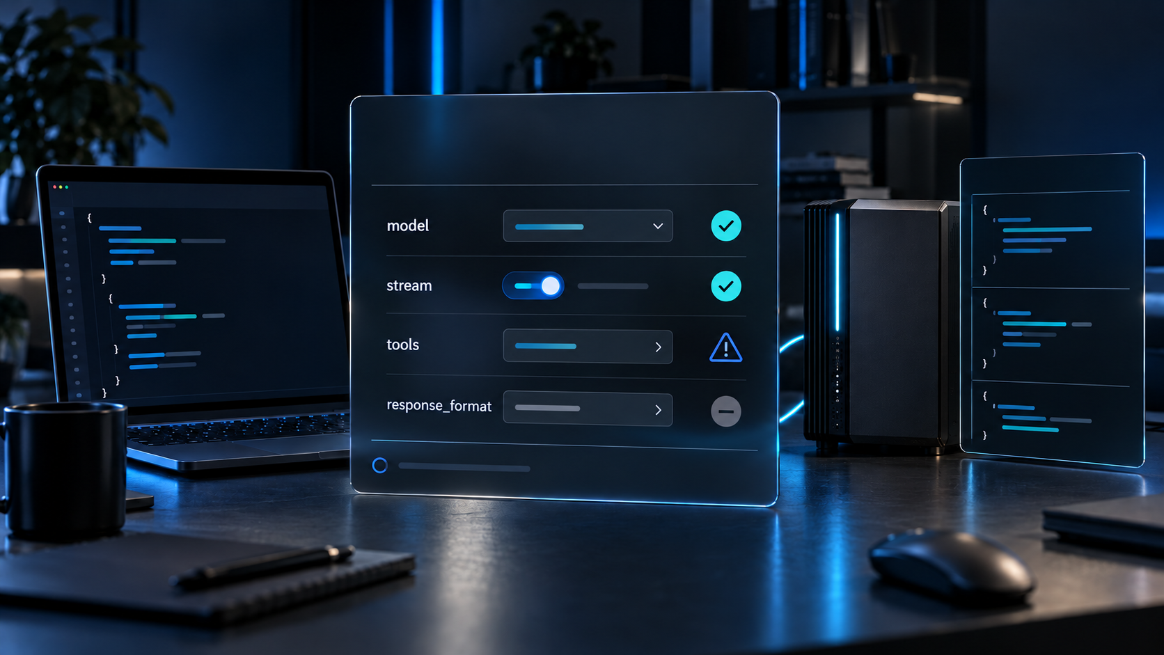 Dark blue concept visualization of an OpenAI-compatible endpoint being tested with a model, streaming, tools, and response-format capability checklist.