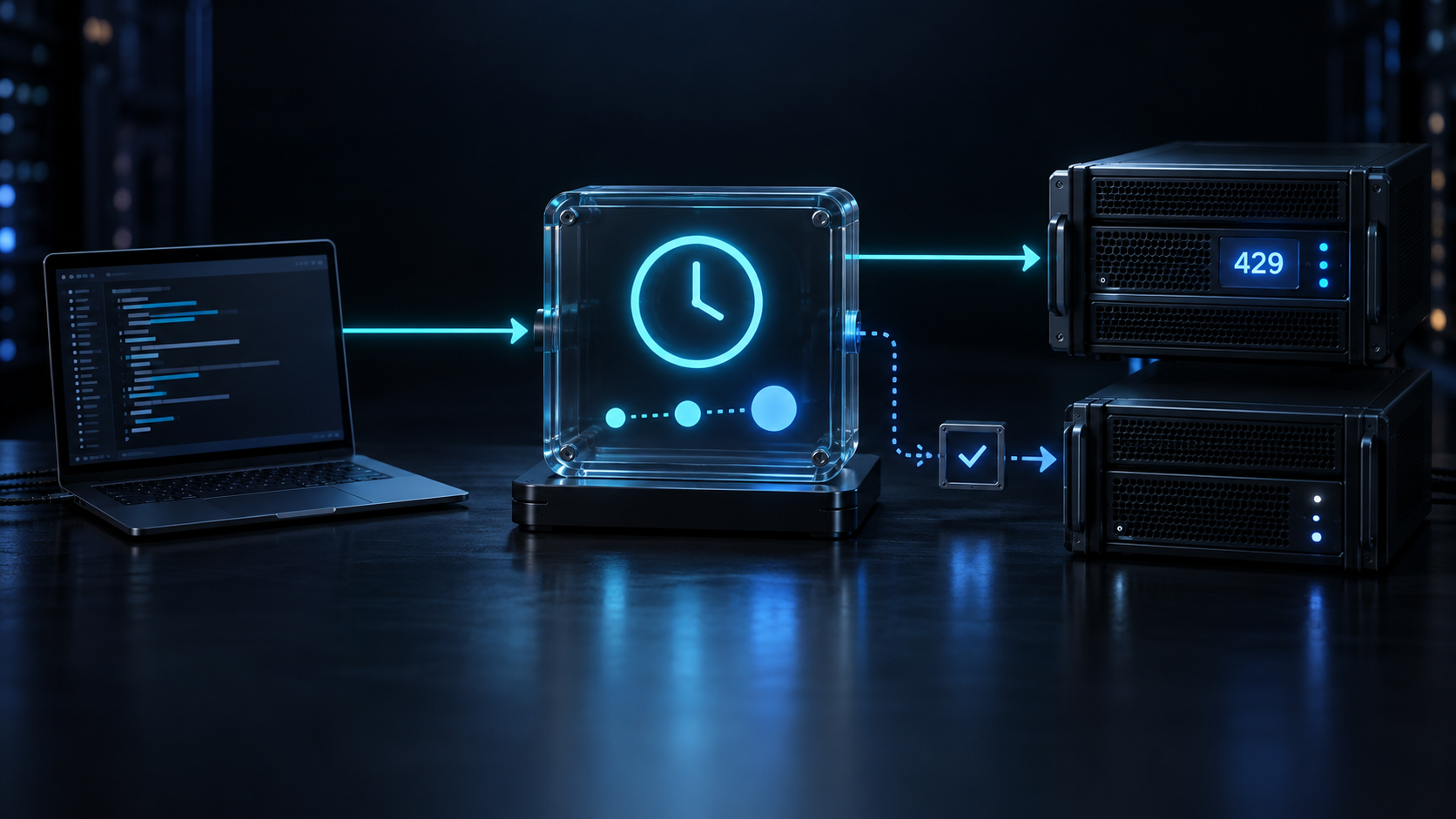 Dark blue concept visualization of rate-limit handling: a client passes through a timed retry controller before reaching a primary server or a checked fallback route.