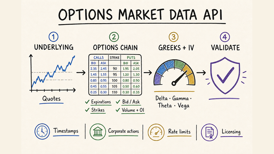 Hand-drawn map for evaluating options market data APIs by coverage, delay, rate limits, and licensing