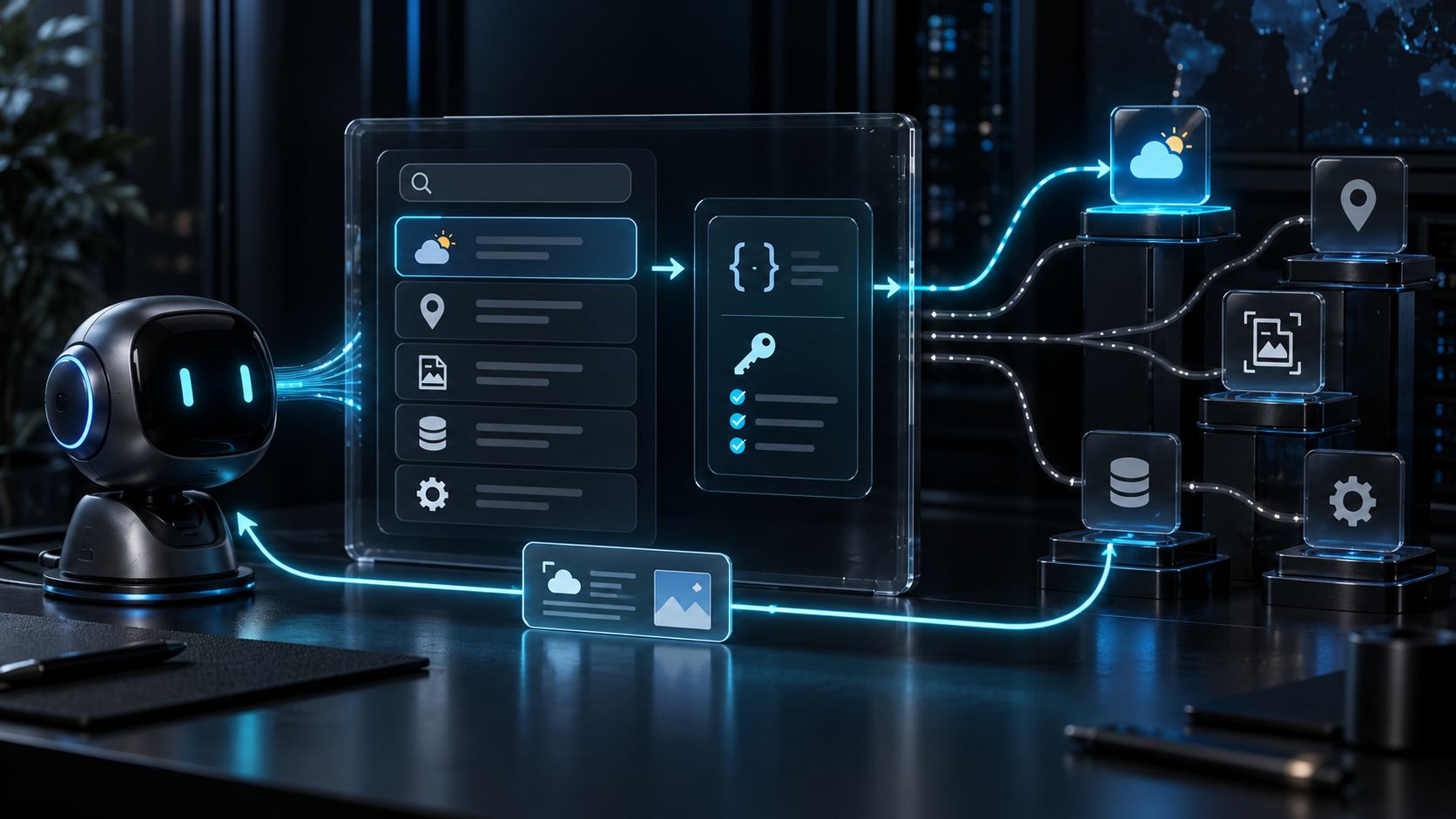 Dark blue concept visualization of an AI agent discovering external capabilities, inspecting inputs and permissions, and routing a selected call through a network of API and tool nodes.