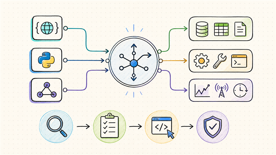 Developer integration architecture showing REST API, Python SDK, MCP Server connecting through QVeris to APIs, Tools, and Live Data