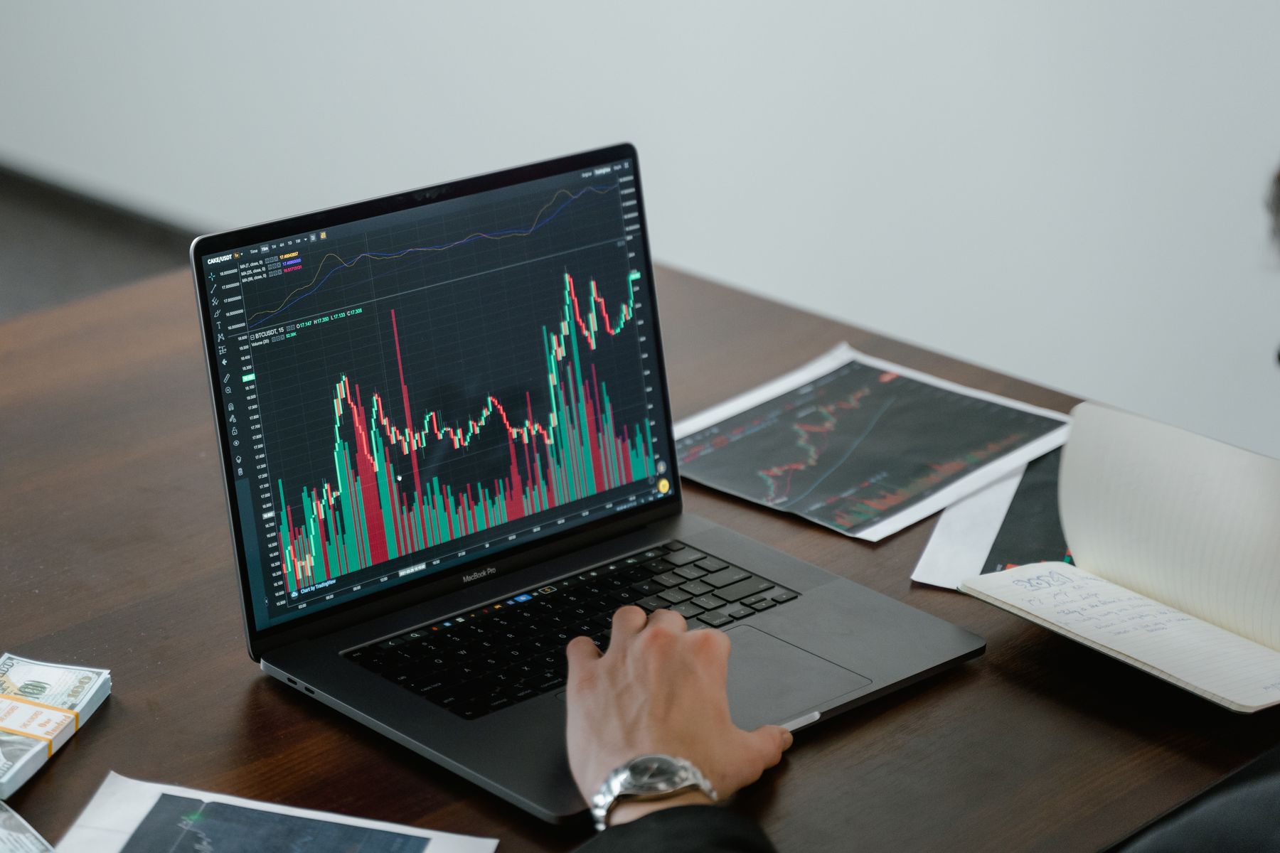 Laptop displaying a financial price chart