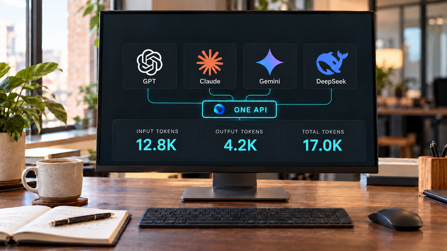 Photorealistic office concept with GPT, Claude, Gemini and DeepSeek logos on a monitor, the QVeris logo beside ONE API and illustrative input, output and total token usage
