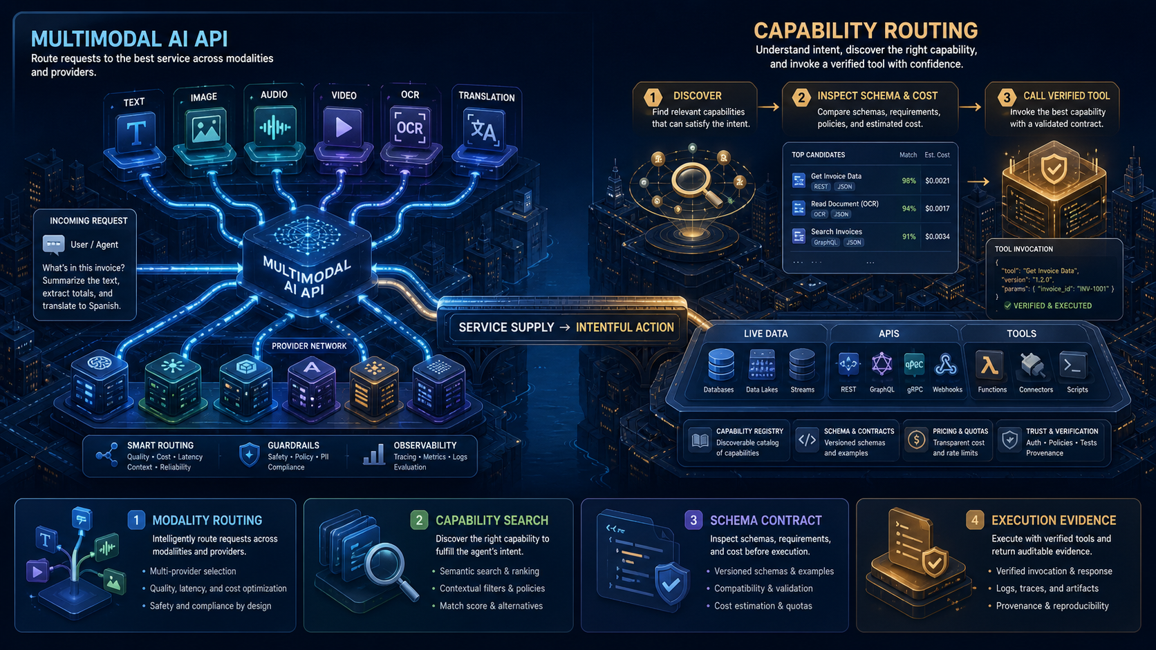 Multimodal AI service supply connected to capability discovery, inspection, and verified execution