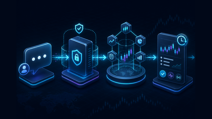 Architecture showing a ChatGPT request routed securely to live market data and returned as a timestamped quote