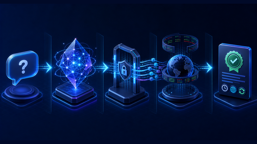 DeepSeek request routed through a secure tool gateway to external market data and returned as a verified answer