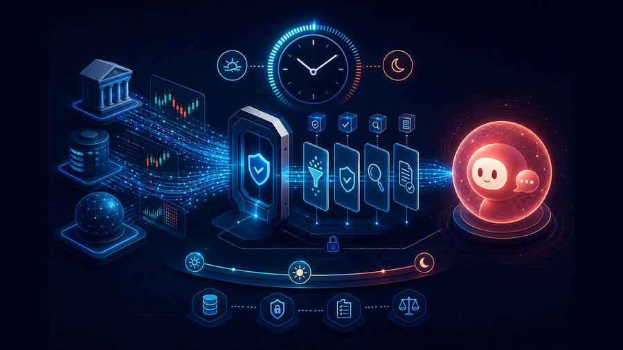 Market data passing through freshness and permission checks before reaching a Doubao assistant
