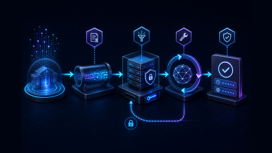 Architecture showing licensed market data passing through a secure server-side adapter into a Grok tool-call loop and a verified answer