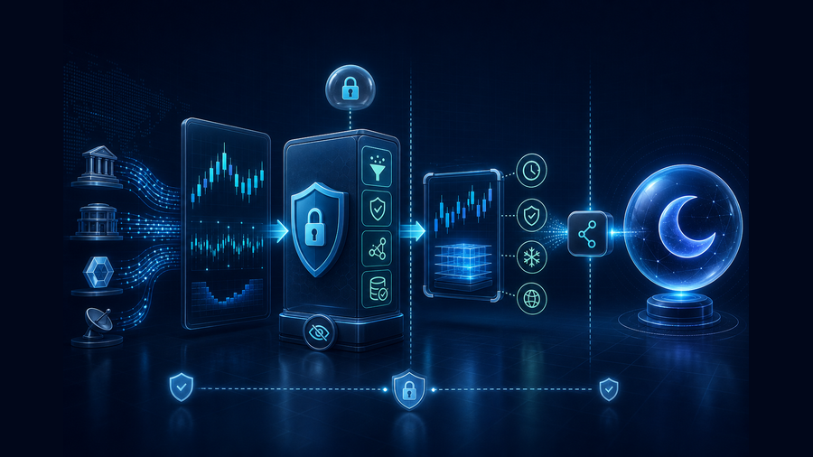 Real-time market streams passing through a secure read-only gateway into an AI coding workspace