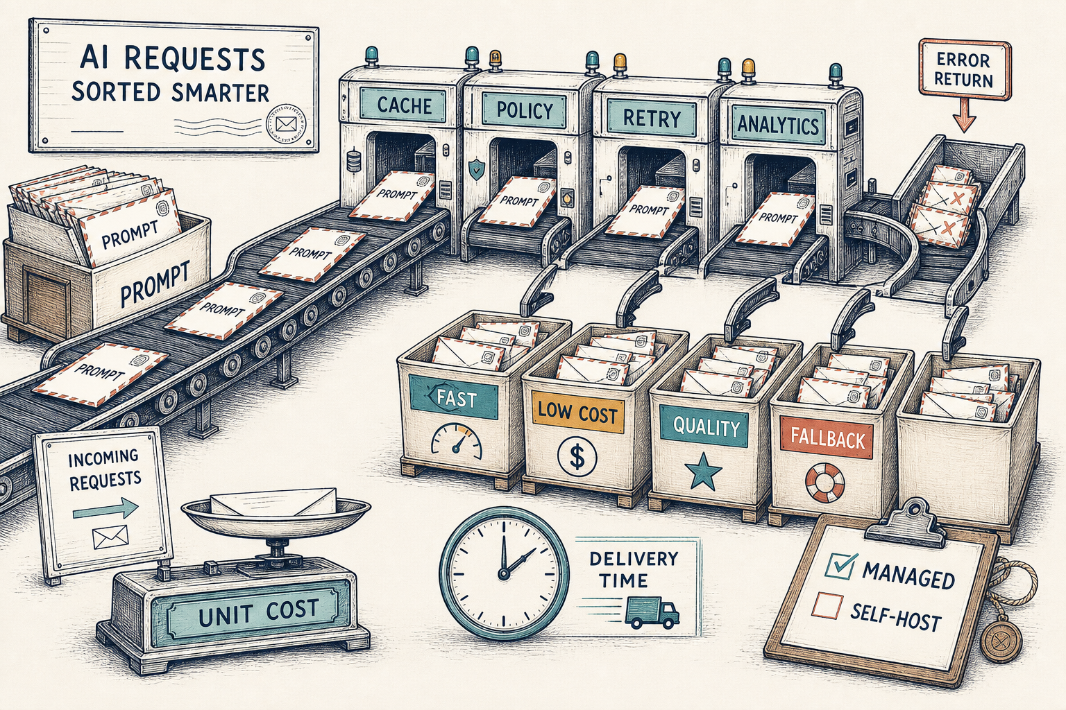 Postal request sorting center comparing cache, policy, retry, analytics, managed, and self-hosted LLM routing