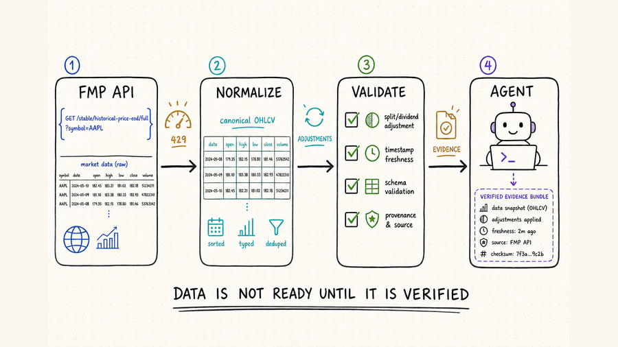 FMP stock market API production pipeline from raw data through normalization and validation to an AI agent