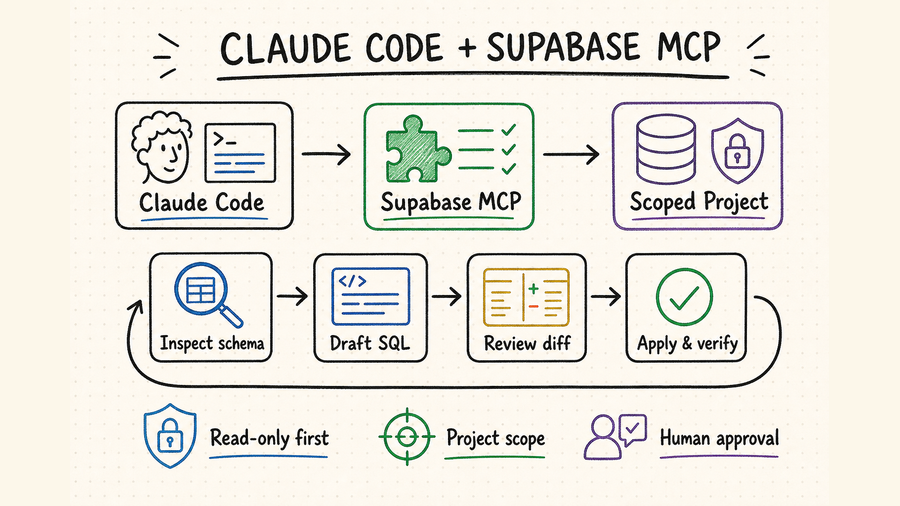 Whiteboard diagram of the Supabase Claude Code MCP inspect, draft, review, and verify workflow