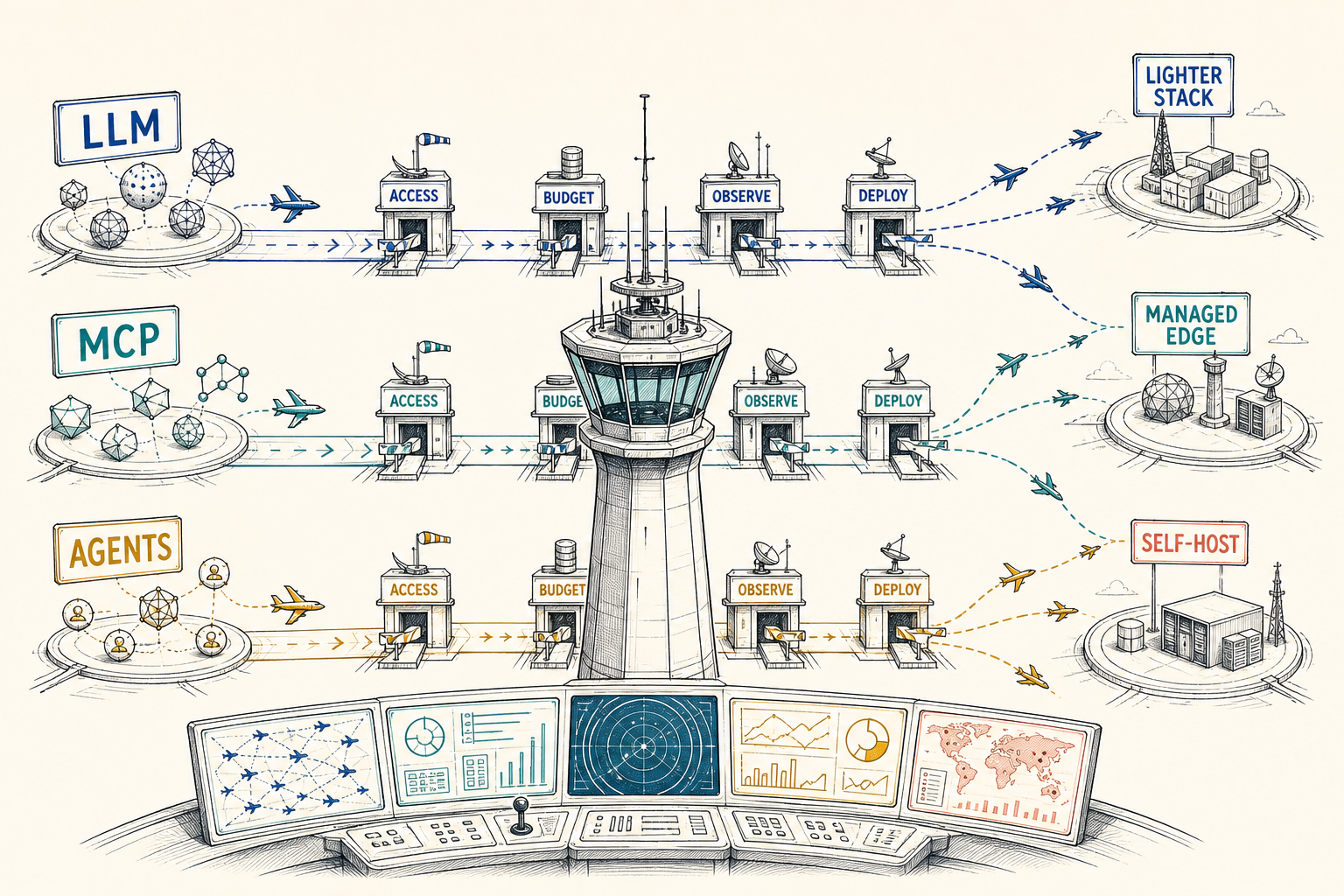 Editorial control tower diagram comparing LLM, MCP, and agent governance paths for TrueFoundry alternatives