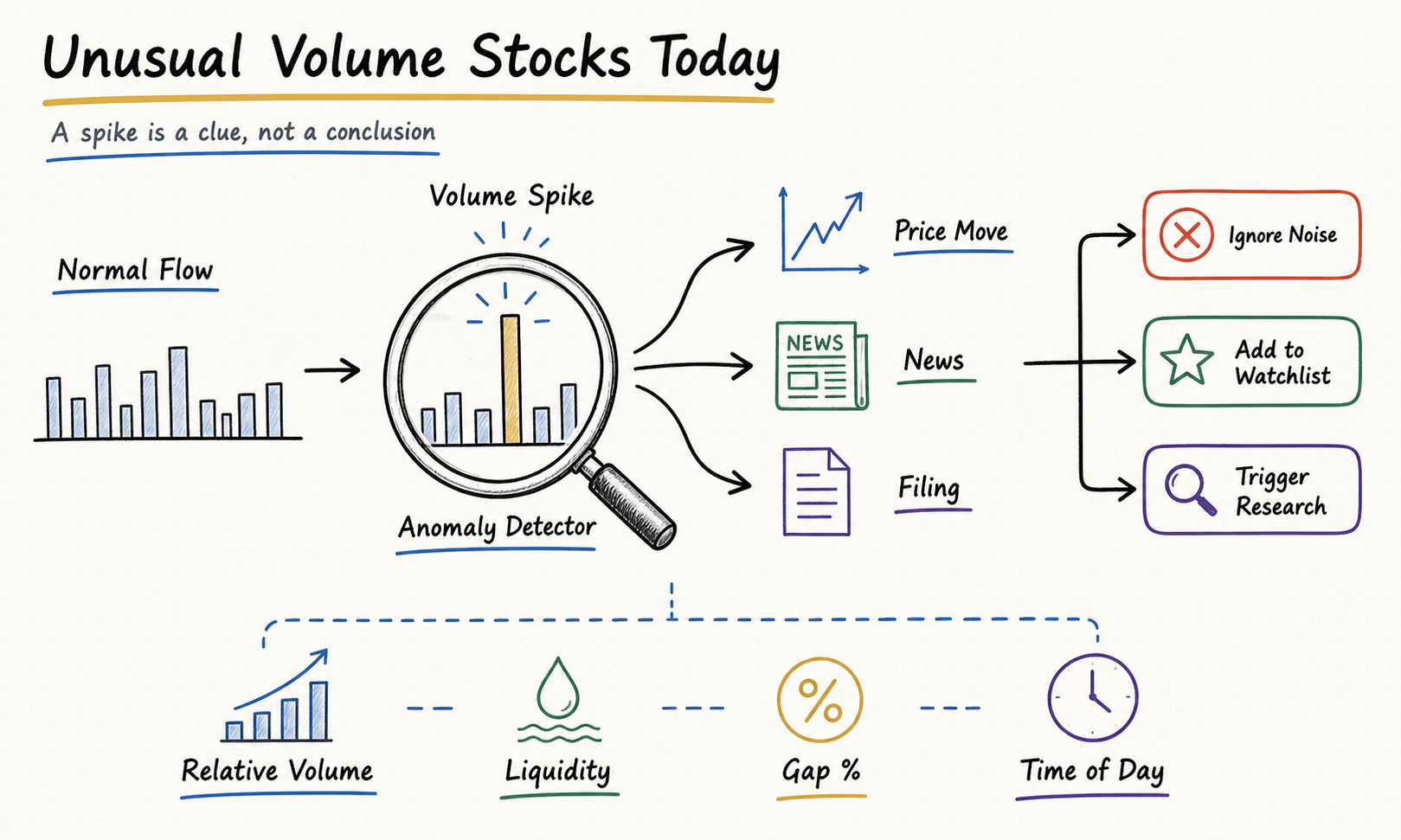 Hand-drawn unusual volume stock workflow showing anomaly detection, price moves, news and filing checks, watchlists, and research triggers