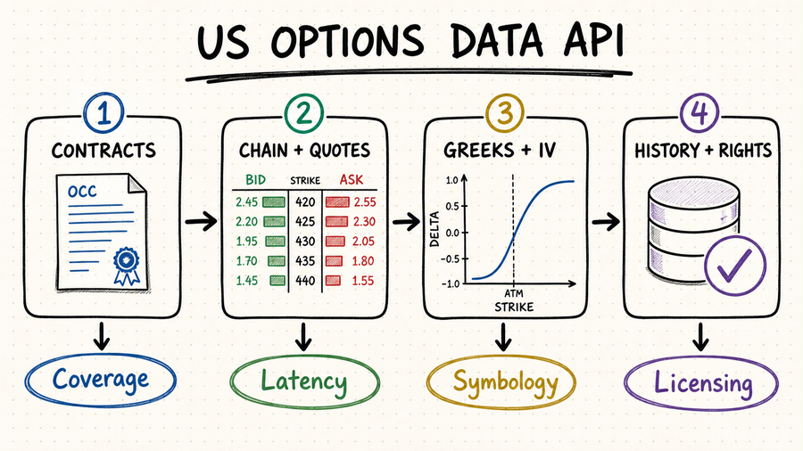 Hand-drawn US options data API map covering contracts, quotes, Greeks, history, and licensing