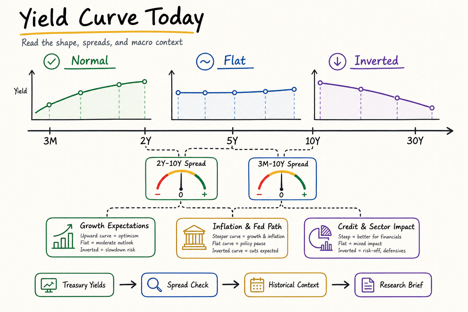 Hand-drawn yield curve dashboard showing normal flat and inverted curves, Treasury maturities, spread checks, and macro interpretation