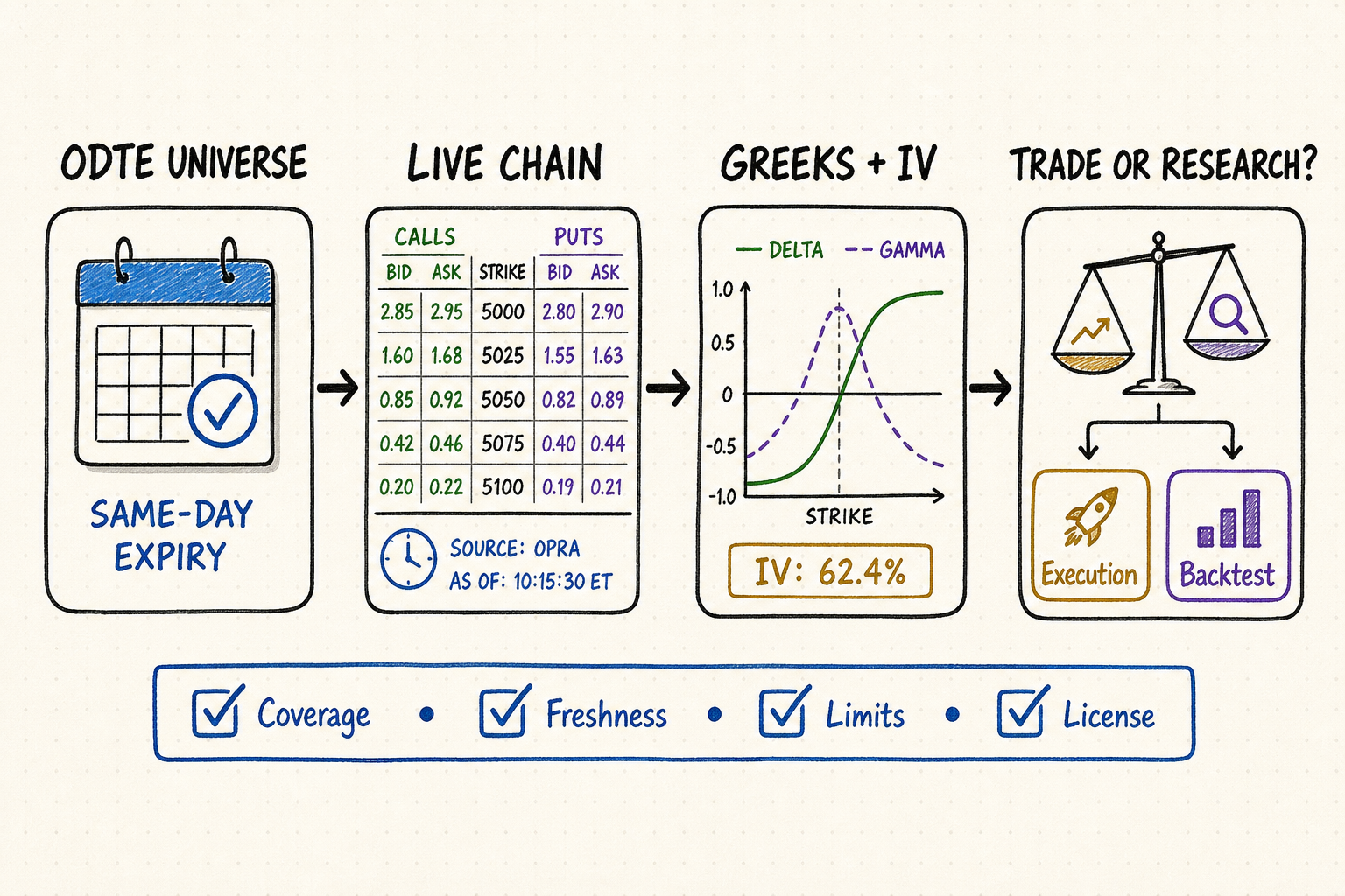 Hand-drawn workflow for evaluating 0DTE option chains, Greeks, freshness, limits, and intended use