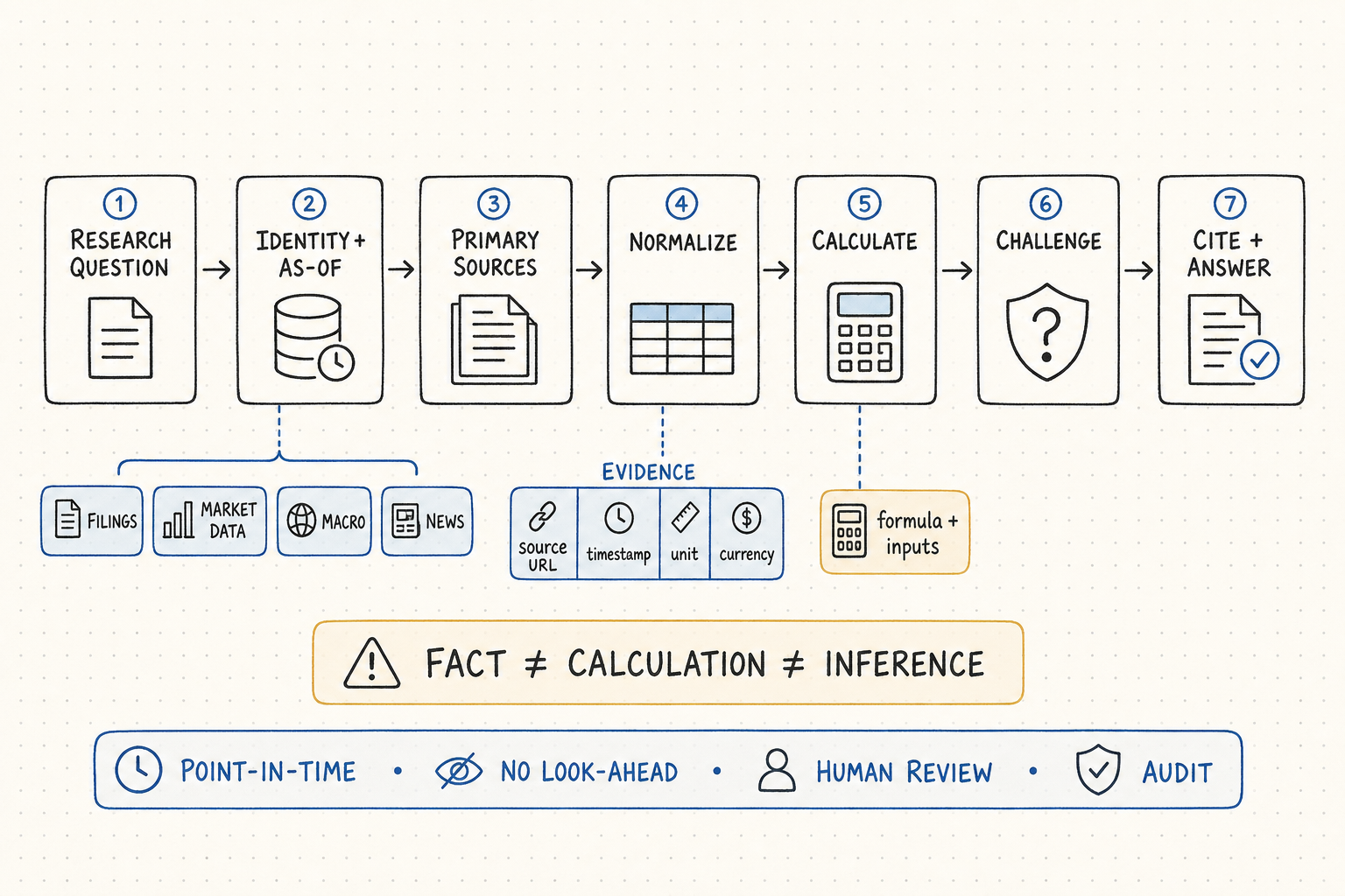 AI financial research workflow from a research question through identity and as-of controls, primary sources, normalization, calculations, challenge, citations, and human review