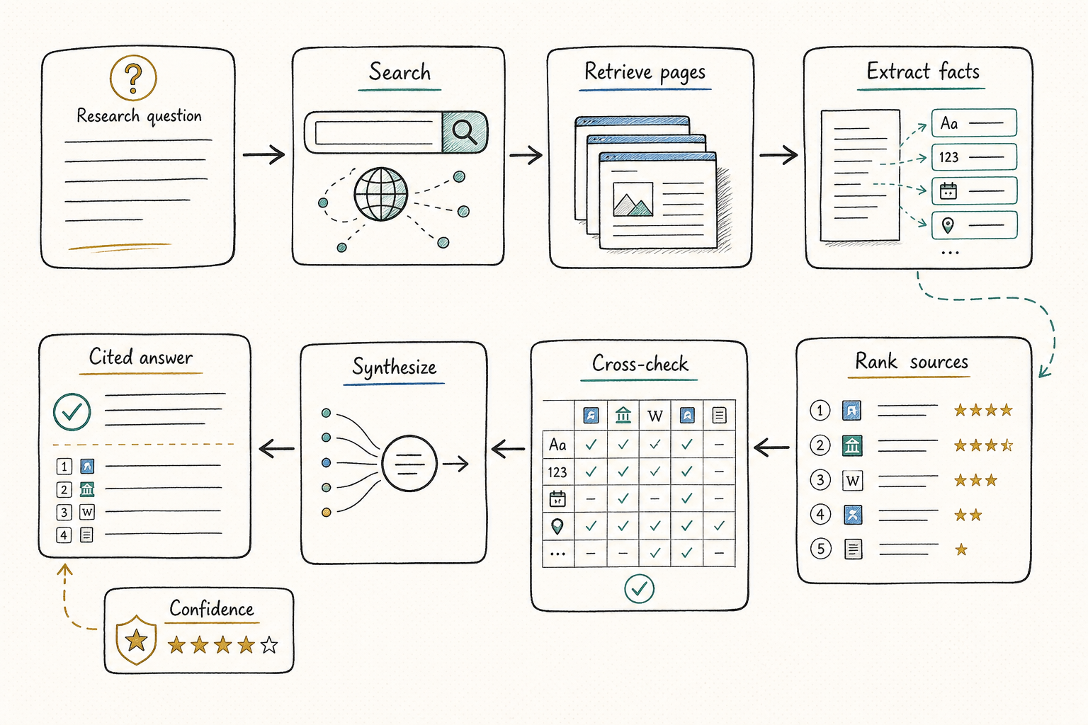 Web research source discovery and citation workflow
