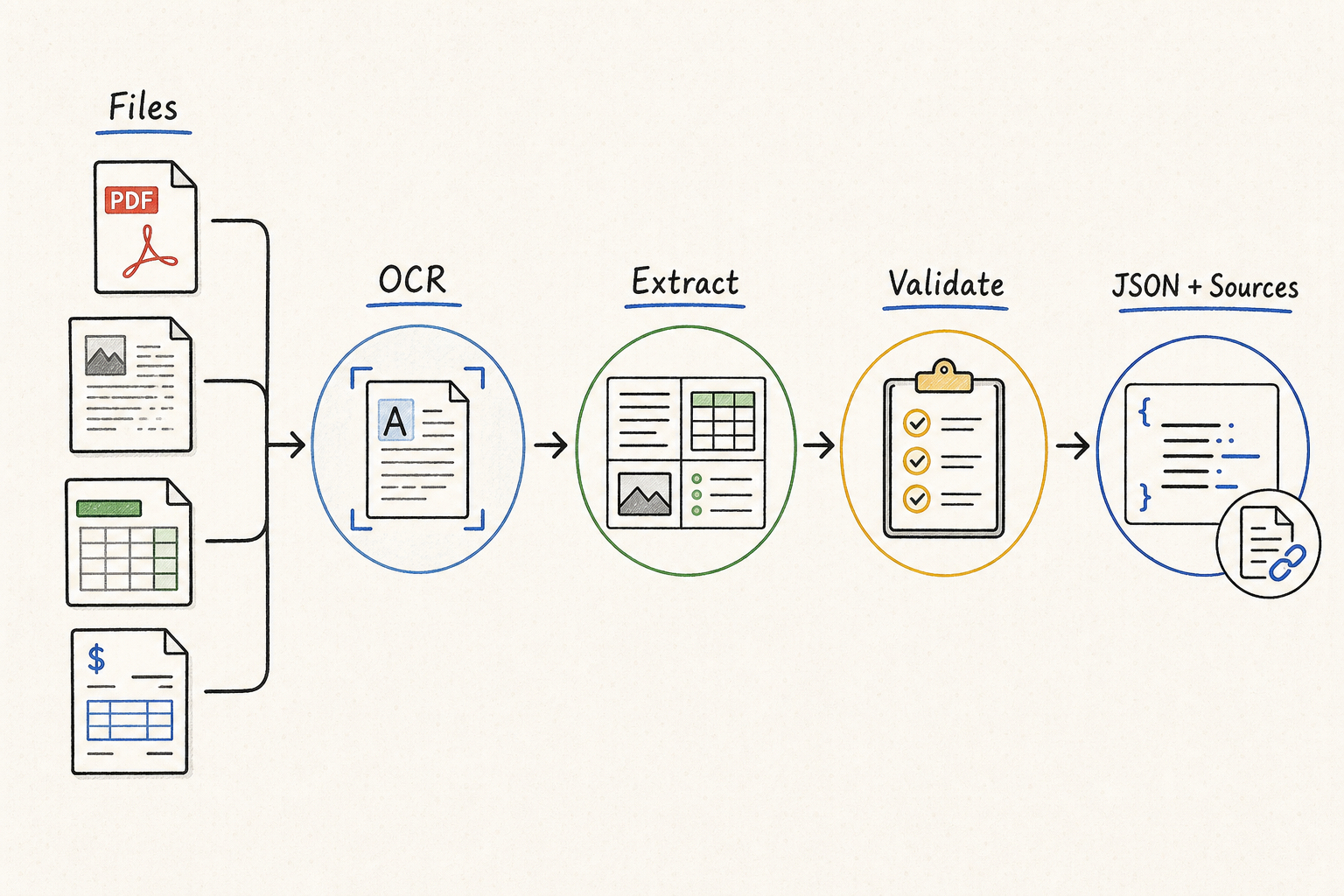AI document analysis workflow for OCR, extraction, validation, and structured output