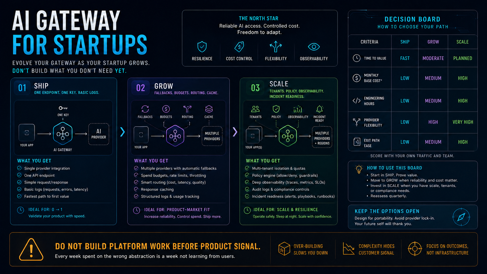 Startup AI gateway decision board across ship grow and scale stages