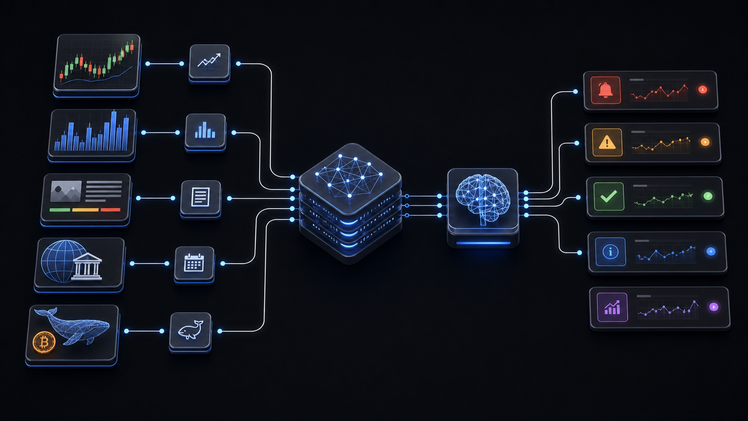 Market signals flowing through an AI analysis and alert pipeline