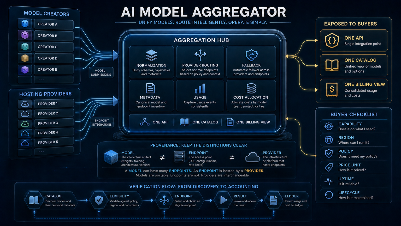 AI model aggregator connecting creators and hosting providers to one API catalog and billing view