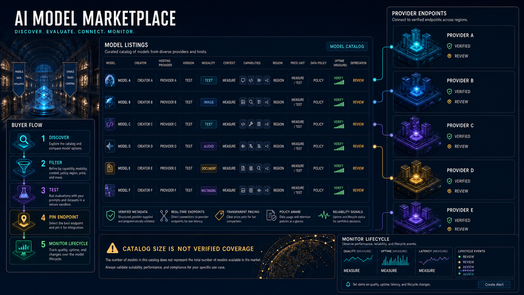 AI model marketplace catalog connected to generic provider endpoints and lifecycle monitoring