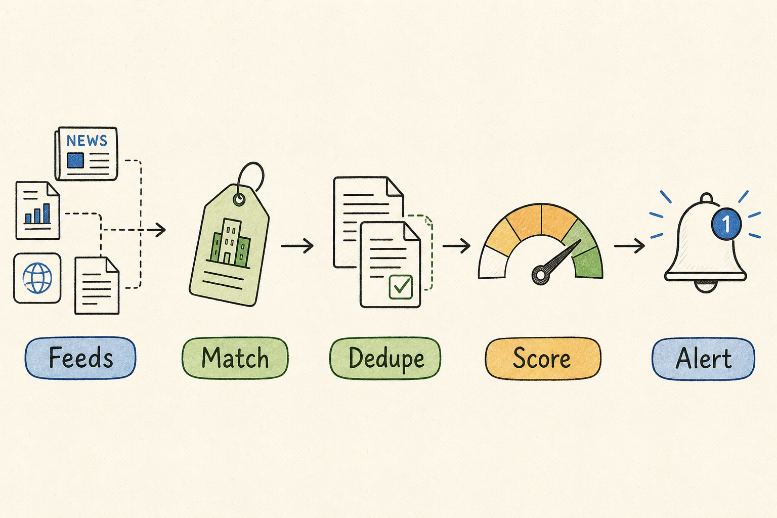 AI news monitoring workflow for matching, deduplication, scoring, and alerts