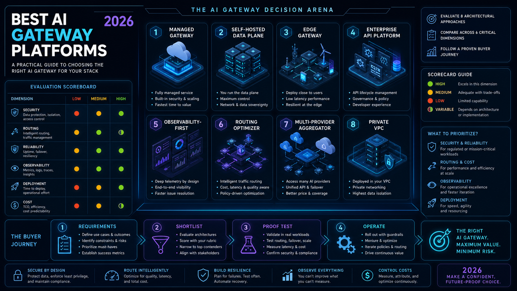 AI gateway decision arena comparing eight architecture types across six production dimensions