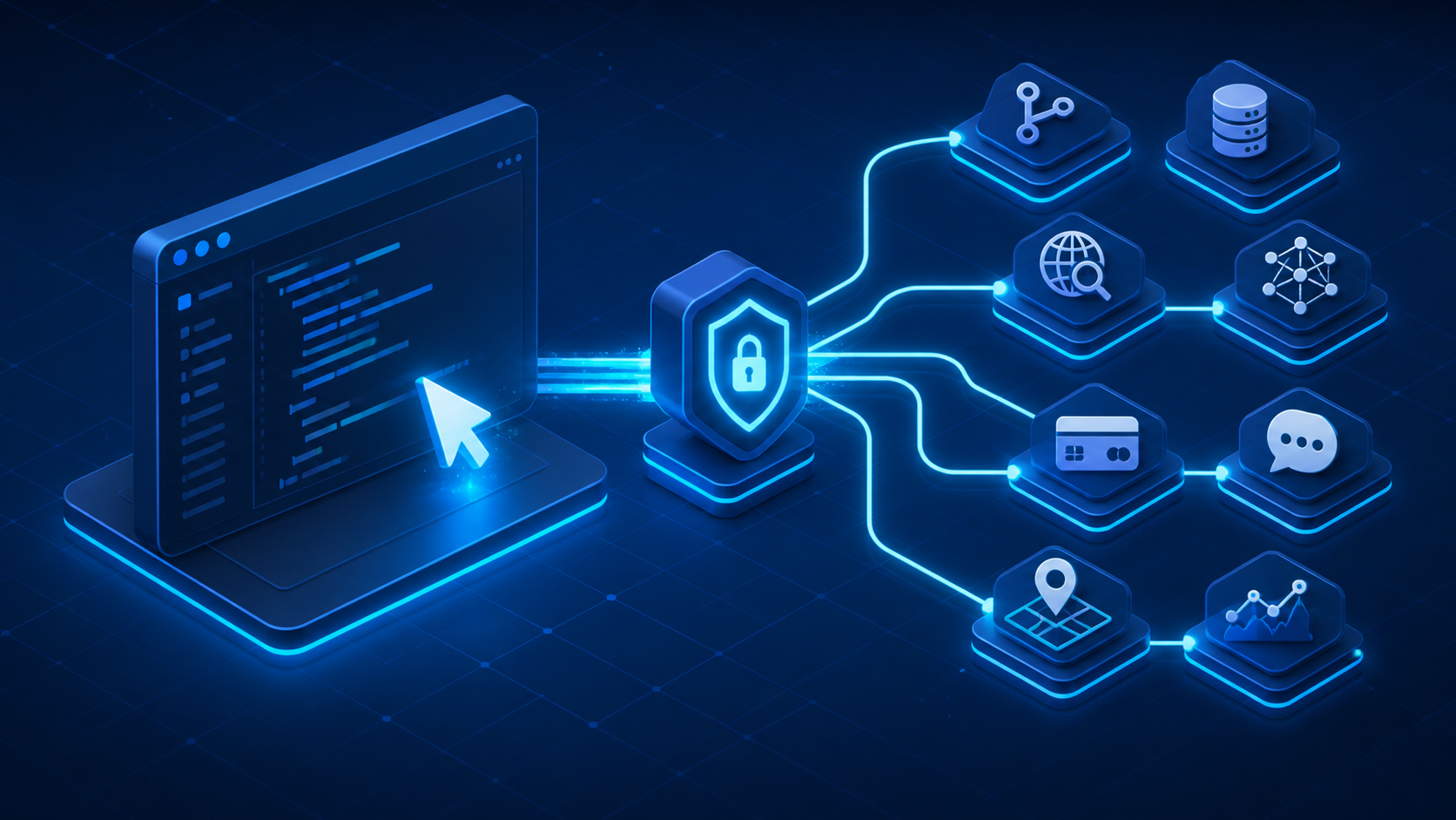 An AI coding agent routing requests through a secure gateway to multiple API capabilities