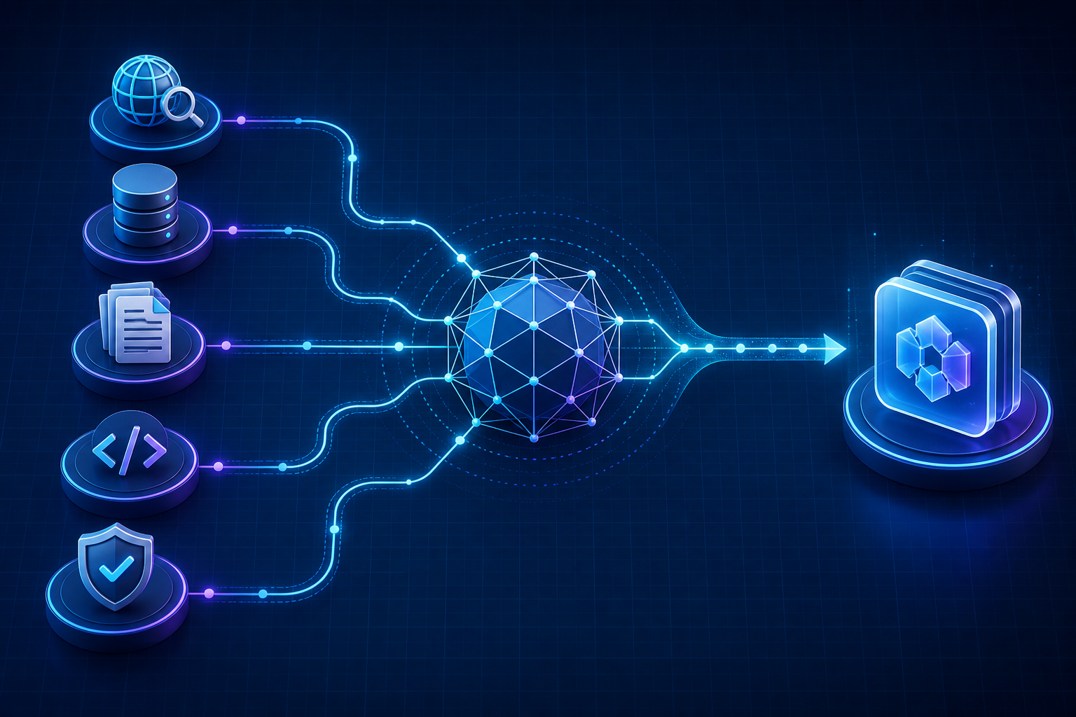External search, database, documents, code, and safety APIs flowing through a reasoning core into a controlled result