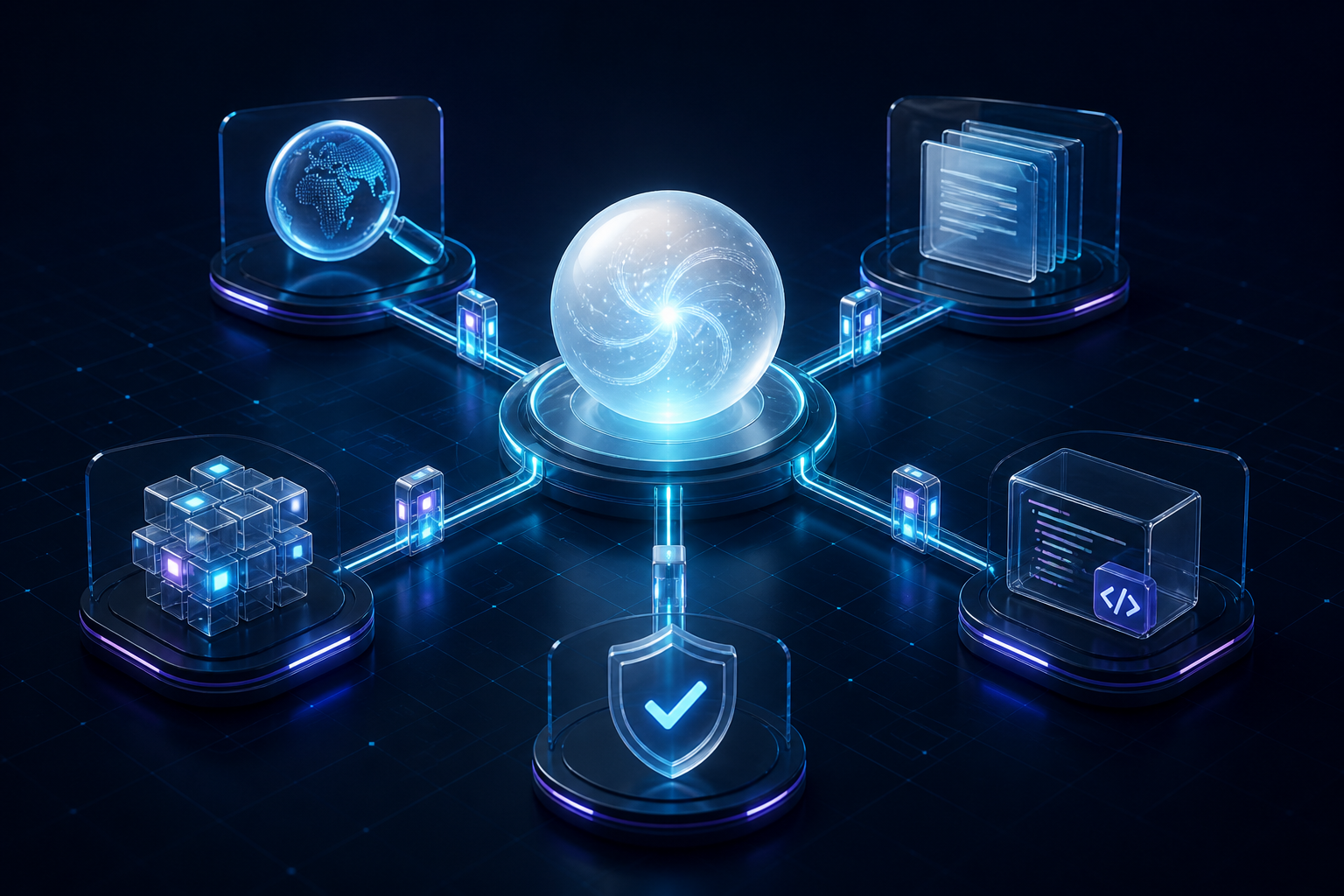 Kimi reasoning core connected through controlled gates to search, documents, data, code, and approved actions