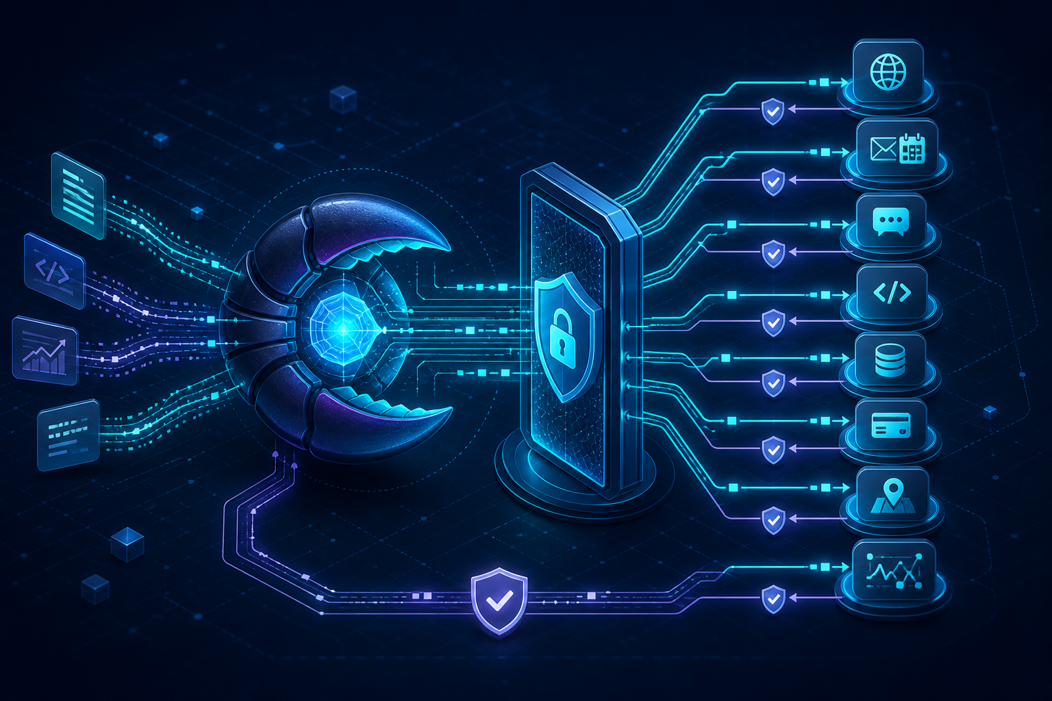 OpenClaw agent routing requests through a secure gateway to eight API capabilities