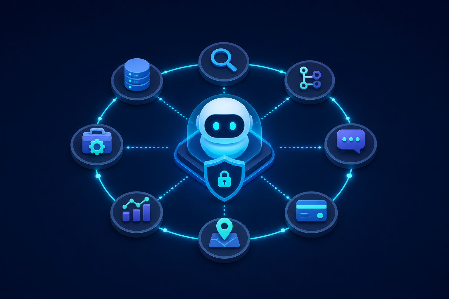 An AI coding agent routing requests through a secure gateway to multiple API capabilities
