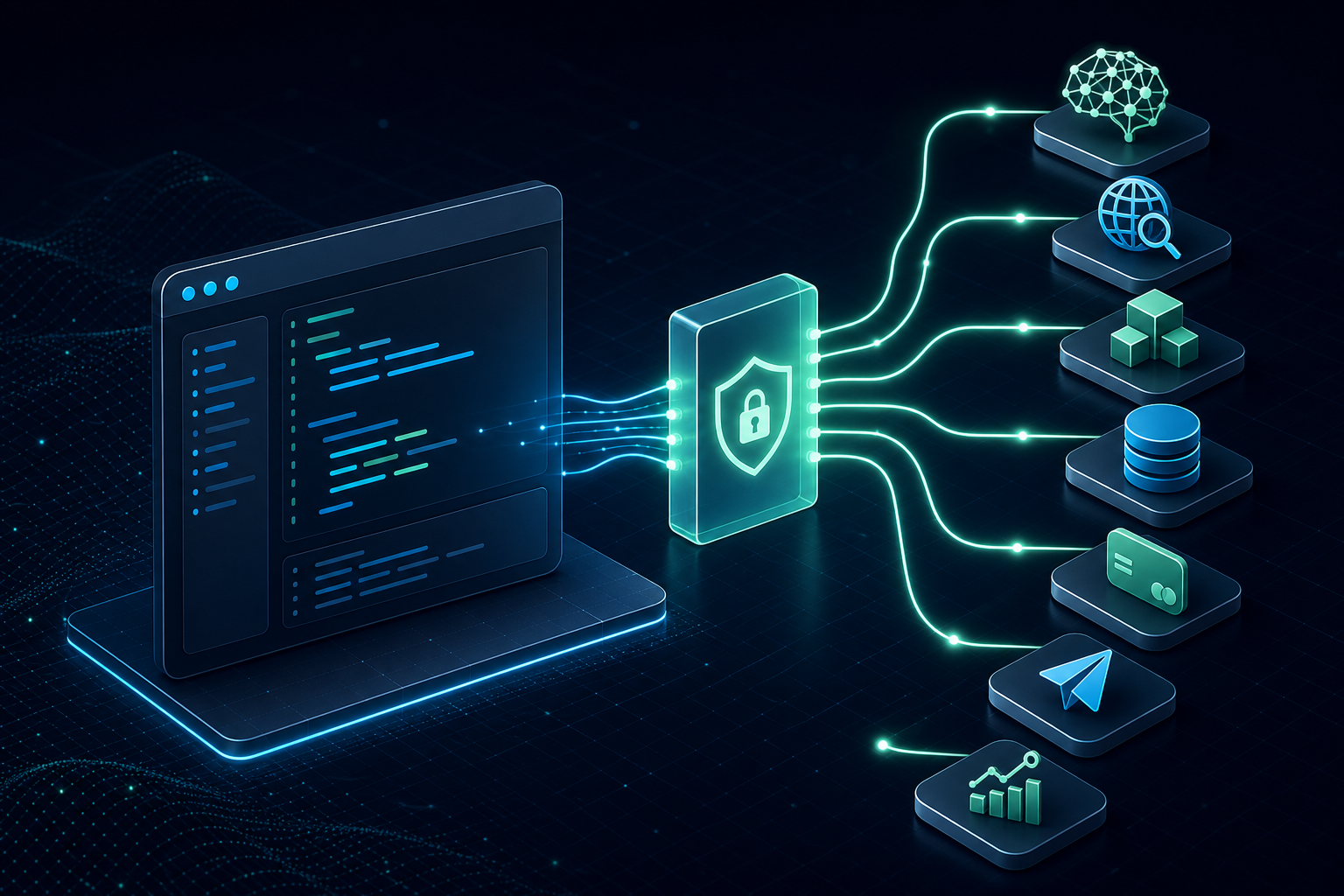 An AI coding agent routing requests through a secure gateway to multiple API capabilities