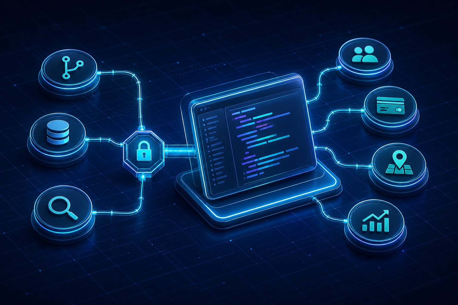 An AI coding agent routing requests through a secure gateway to multiple API capabilities