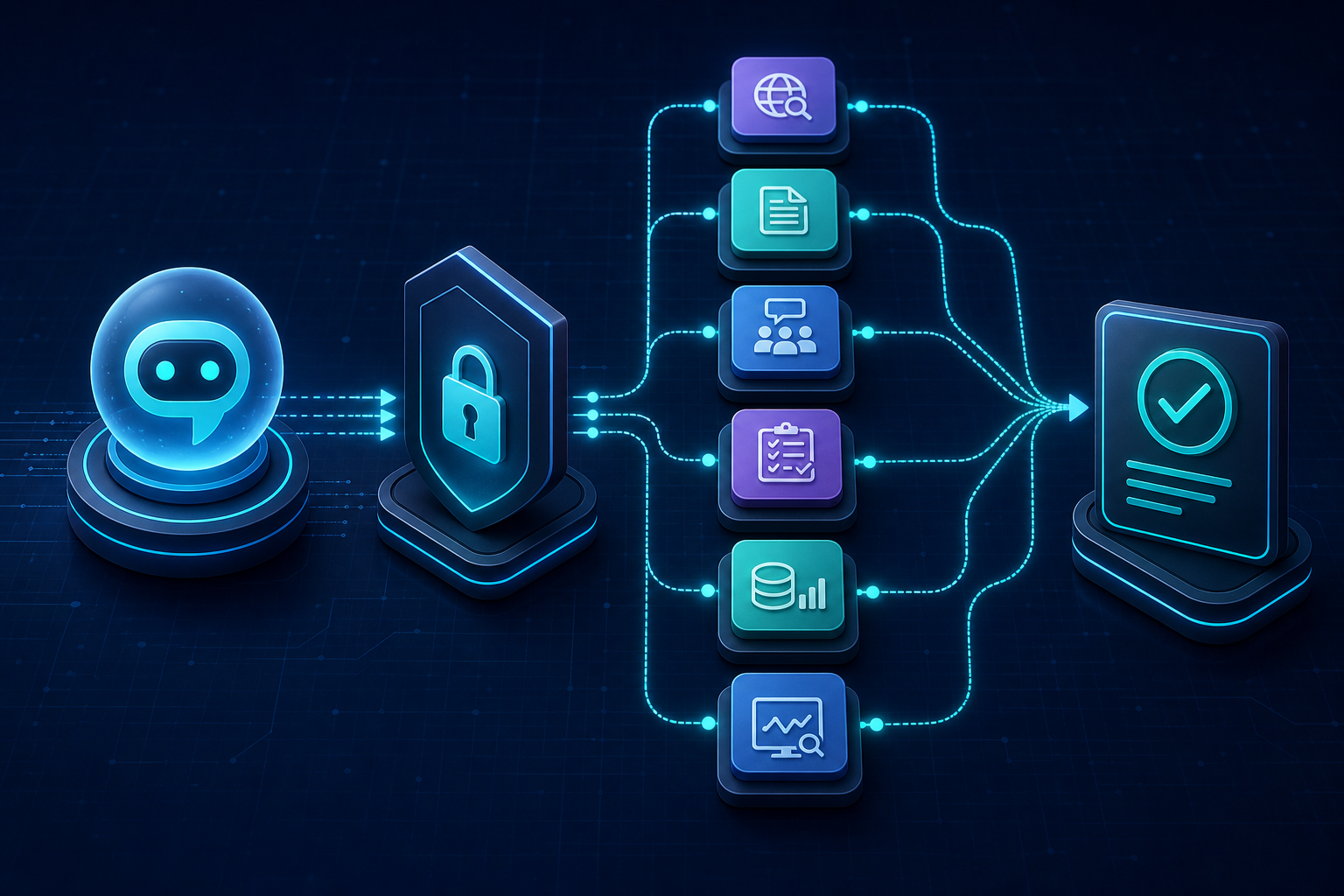 AI work assistant routing six API capabilities through a permission gateway to a verified result
