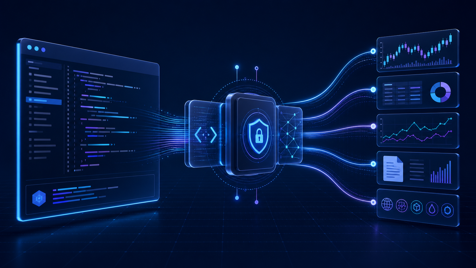 Financial data streams passing through a secure tool layer into a Cursor coding-agent workflow