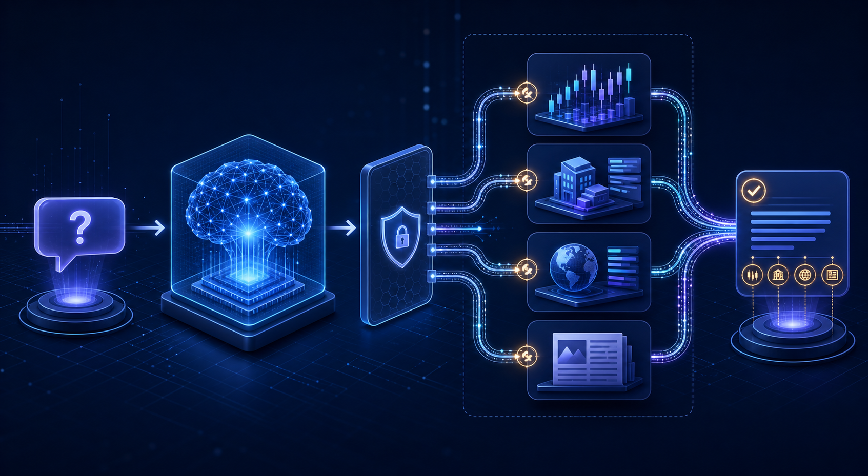 Controlled financial data routing from a user question through an AI model and guarded tool layer to verified sources