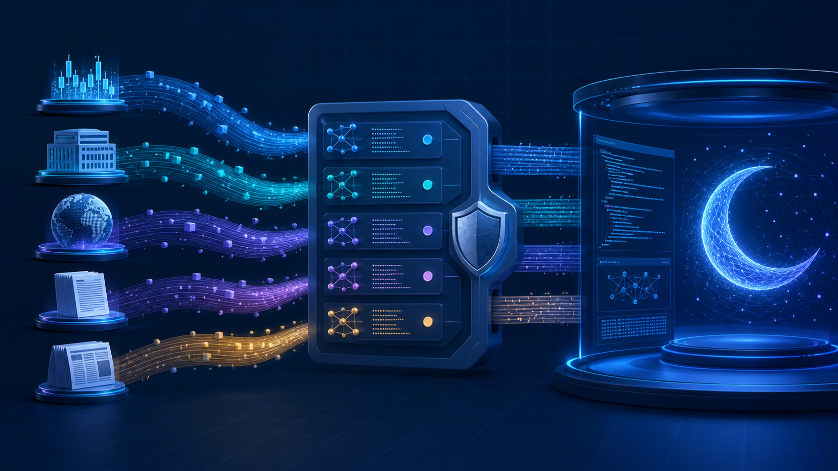 Financial data streams passing through a secure tool layer into a Kimi coding workflow