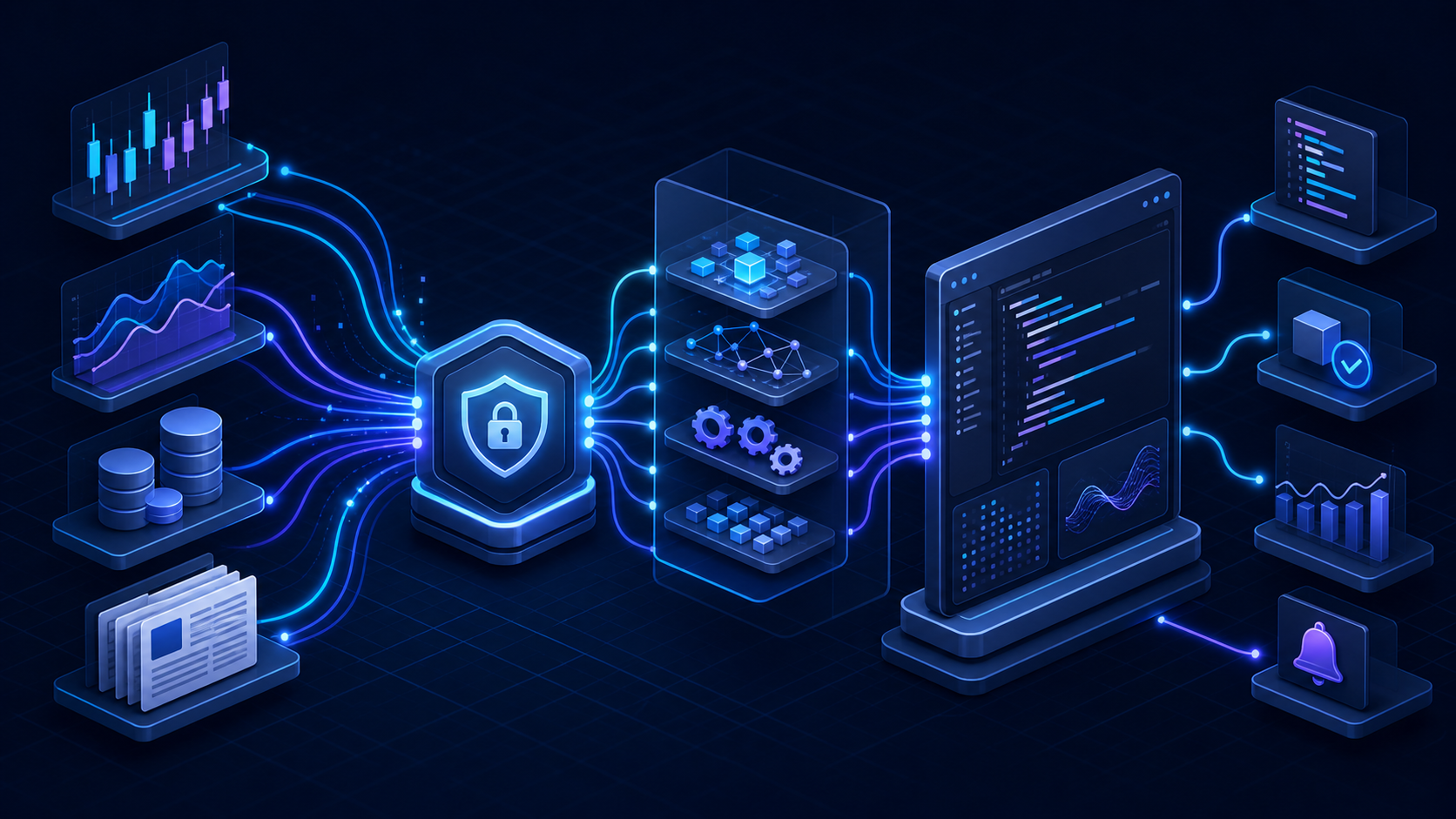 Financial data streams passing through a secure tool layer into a Qoder coding workflow