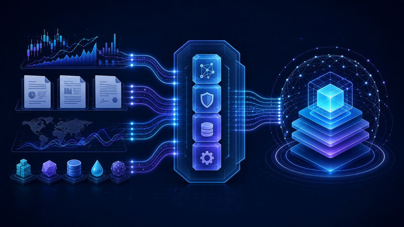 Financial data streams passing through a secure tool layer into a Qwen coding workflow