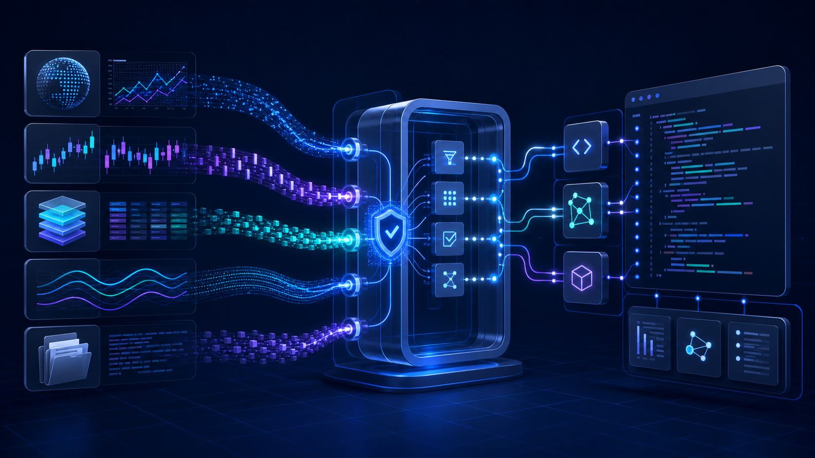 Financial data streams passing through a secure tool layer into a Trae coding workflow